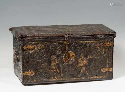 XVII century colonial chest. Embossed and gilded leather, wo...