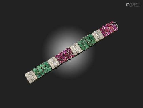 Bracelet Art Déco en émeraudes, rubis et diamants de style &...