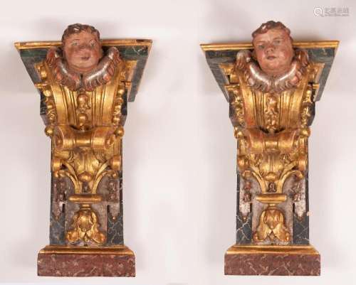 LARGE PAIR OF BAROQUE WALL CORBELS WITH CHERUB FINISHINGS, S...