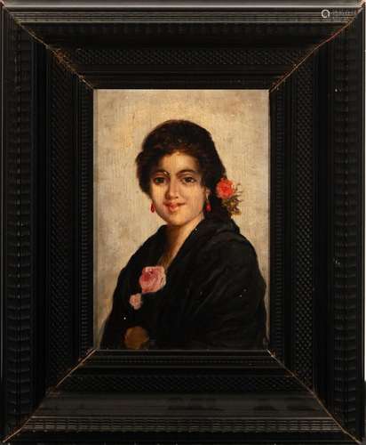 PORTRAIT OF YOUNG LADY WITH CARNATION, SPANISH SCHOOL OF THE...