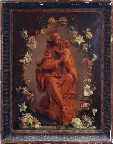 EXCEPTIONAL "MADONNA" WITH CHILD FLOWER GARLAND, 1...