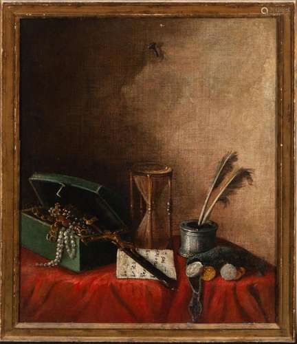 STILL LIFE WITH HOURGLASS, CHEST, CRUCIFIX, COINS AND SCRIBE...