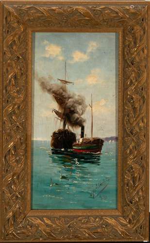 STEAM BOAT, 19TH CENTURY SPANISH SCHOOL, SIGNED MARTÍNEZ ABA...