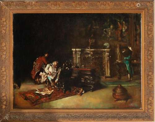 COSTUMBRIST SCENE IN PALACE INTERIOR, 19TH CENTURY SPANISH S...