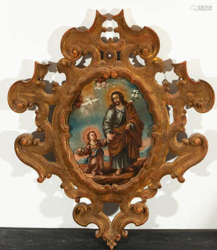 OVAL COPPER OF SAINT JOSEPH NEXT TO THE CHILD JESUS, SEVILLI...