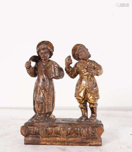 PAIR OF SAINT ISIDORE AND JESUS IN GOLDEN WOOD, CASTILIAN SC...