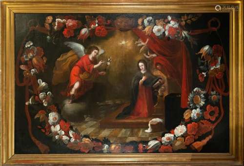 ANNUNCIATION OF MARY IN FLOWER GARLAND, HISPANO-FLEMISH SCHO...