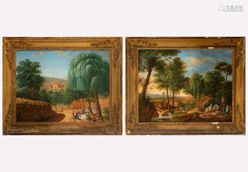 PAIR OF COUNTRY SCENES WITH HUNTERS AND PEASANTS, SPANISH SC...