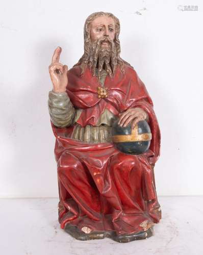 CARVING OF THE ETERNAL FATHER ENTHRONED IN POLYCHROME WOOD, ...