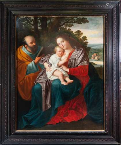 IMPORTANT OIL ON PANEL REPRESENTING THE HOLY FAMILY, WORKSHO...