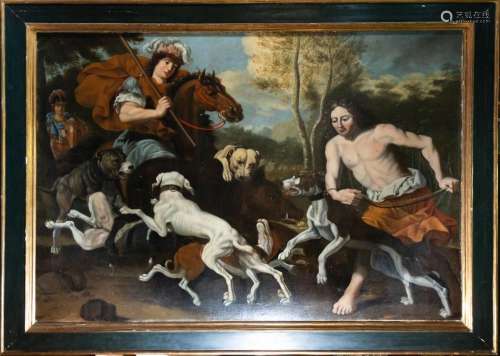 LARGE OIL ON CANVAS REPRESENTING THE HUNTING OF THE BOAR, FL...