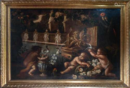 IMPORTANT STILL LIFE OF CHERUBS AT A FOUNTAIN, CIRCLE OF NIC...