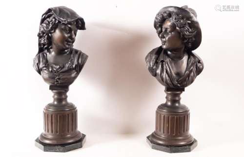 PAIR OF BUSTS OF A GIRL AND A BOY IN BRONZE, FOLLOWING MODEL...