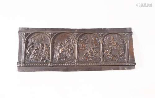 EMBOSSED BRONZE PLATE DEPICTING THREE SCENES FROM THE LIFE O...