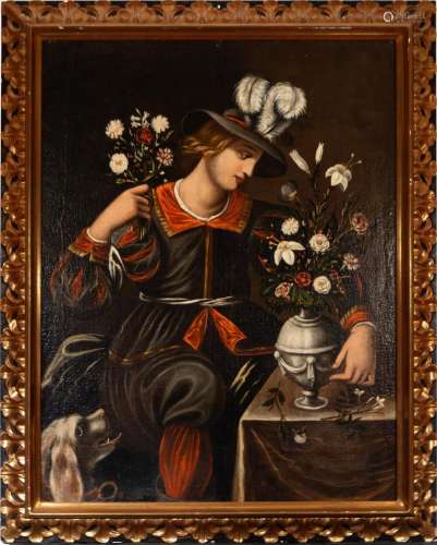 YOUNG WOMAN NEXT TO VASE OF FLOWERS, 16TH CENTURY TUSCAN SCH...