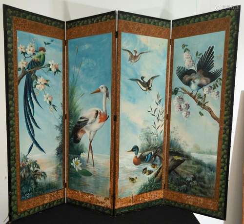 LARGE SCREEN ON CANVAS DEPICTING BIRDS ON THE BANKS OF A RIV...