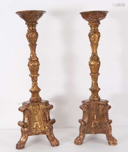 PAIR OF LARGE BAROQUE TORCH HOLDERS IN GILDED AND POLYCHROME...