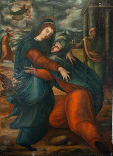 LARGE OIL ON PANEL REPRESENTING SAINT ANNE AND SAINT JOACHIM...