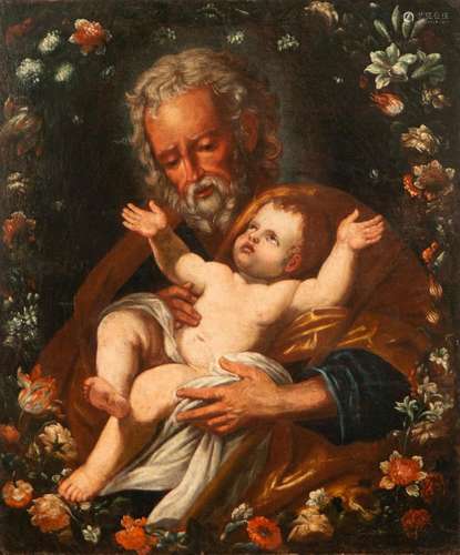 SAINT JOSEPH WITH CHILD IN ARMS INSIDE FLOWER GARLAND, ITALI...