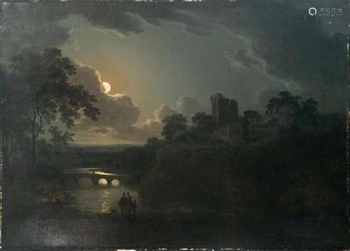 NIGHT LANDSCAPE OF CASTLE ON THE BANKS OF A RIVER, CIRCLE OF...