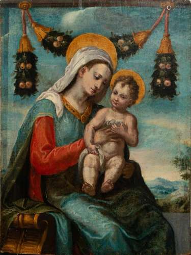 VIRGIN MARY WITH CHILD IN ARMS WITH GARLANDS OF FLOWERS, BOL...