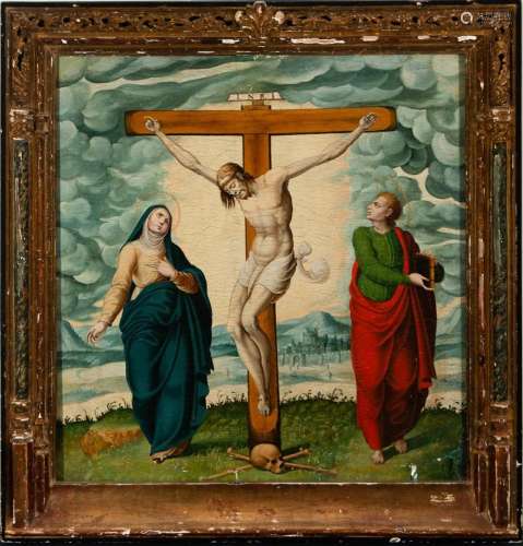 LARGE OIL ON TABLE REPRESENTING THE CALVARY OF CHRIST WITH M...