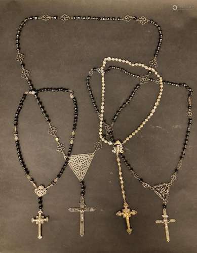 LOT OF 4 ROSARIES IN SILVER AND JET STONE FILIGREE, GALICIA ...