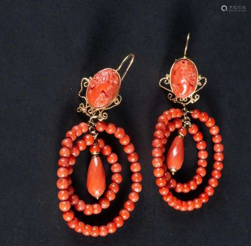 LARGE PAIR OF 18K GOLD MOUNTED RED CORAL CAMEO AND BEAD EARR...