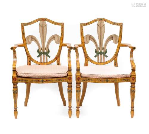 A Pair of George III Style Painted Wood Elbow Chairs, the sh...
