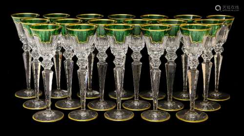 A Set of Eighteen St Louis Green-Flashed and Gilt Wine Glass...