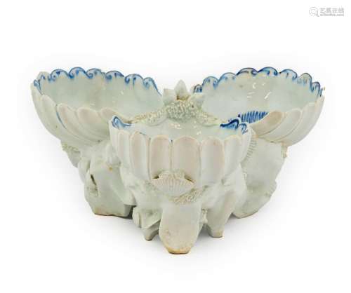 A Bow Porcelain Pickle Stand, circa 1755, modelled as three ...