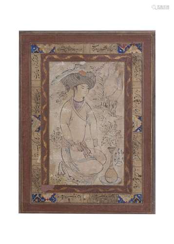 A SEATED YOUTH WITH A WINE CUP, PERSIA, QAJAR, 19TH CENTURY