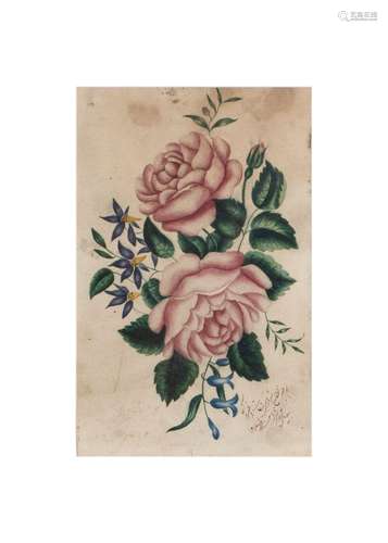 A QAJAR FLORAL MINIATURE, OPAQUE WATERCOLOUR ON PAPER, SIGNE...