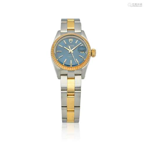 TUDOR. A LADY'S STAINLESS STEEL AND GOLD CALENDAR BRACELET W...