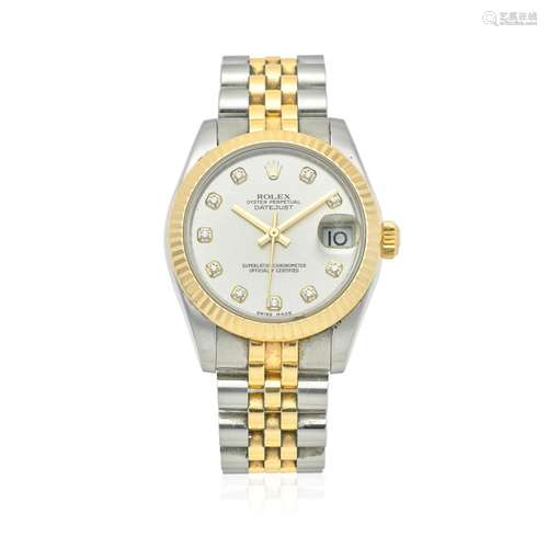 ROLEX. A LADY'S 18K GOLD AND STAINLESS AUTOMATIC CALENDAR BR...