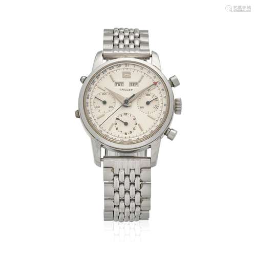 GALLET. A STAINLESS STEEL MANUAL WIND TRIPLE CALENDAR CHRONO...