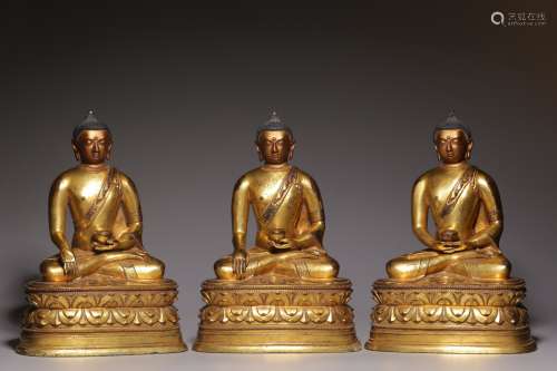 铜鎏金三世佛坐像