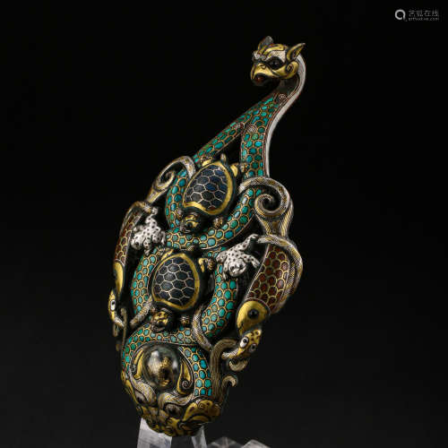 CHINESE WARRING STATES PERIOD GLASS BELT HOOK INLAID GOLD, S...