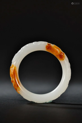 CHINESE HETIAN JADE BANGLE WITH CARVED 'BAT' AND &...