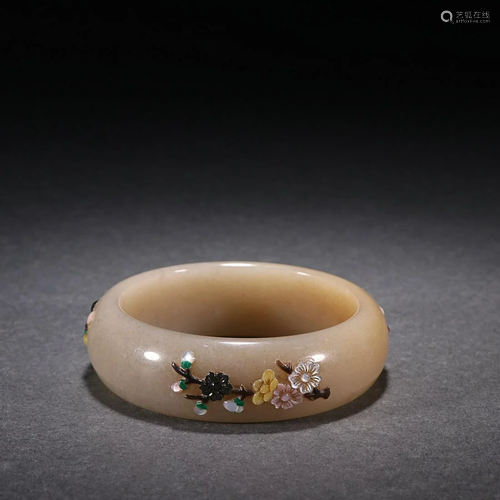 CHINESE MIXED GEMSTONES-EMBELLISHED HETIAN JADE BANGLE DEPIC...