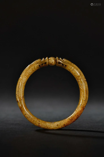 CHINESE ANTIQUE JADE BANGLE WITH CARVED 'DRAGON PURSUIN...