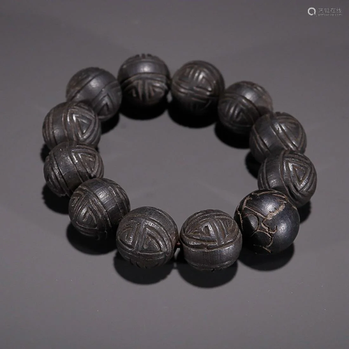 CHINESE AGARWOOD BEADED BRACELET WITH CARVED 'SHOU MEDA...