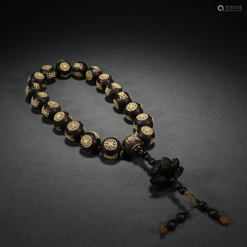 CHINESE GILT-SILVER-INLAID AGARWOOD 18-COUNTS ROSARY