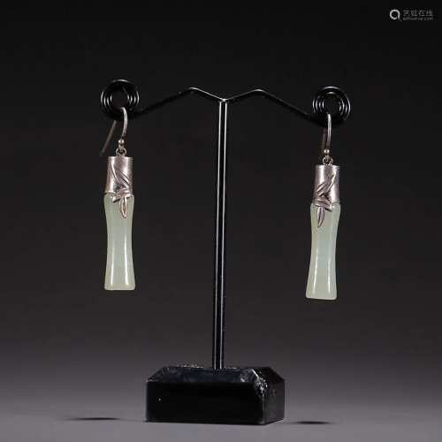 TWO CHINESE HETIAN JADE-INLAID SILVER BAMBOO-FORM EARRINGS