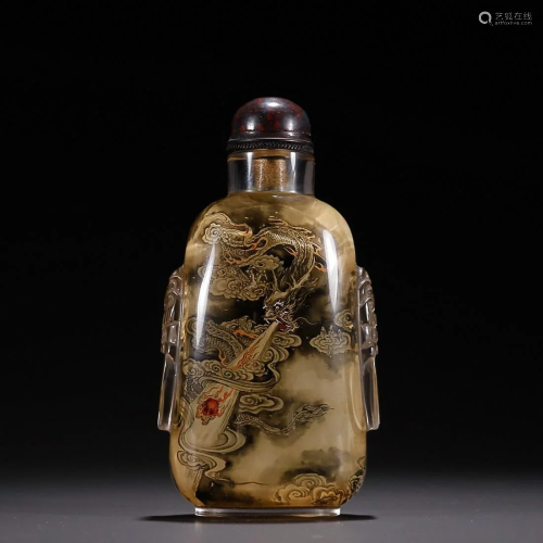 CHINESE CRYSTAL ANIMAL-HANDLED SNUFF BOTTLE DEPICTING '...