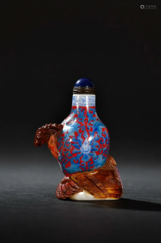 CHINESE BLUE GLAZED SNUFF BOTTLE WITH EMBOSSED 'DEER&#x...