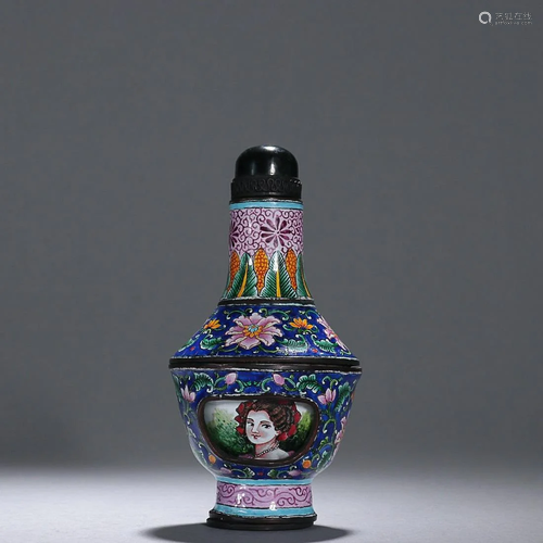 CHINESE CANTON ENAMEL ROTATING SNUFF BOTTLE DEPICTING '...