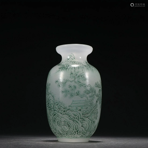 CHINESE GREEN ENAMELED GLASS VASE DEPICTING 'LANDSCAPE&...