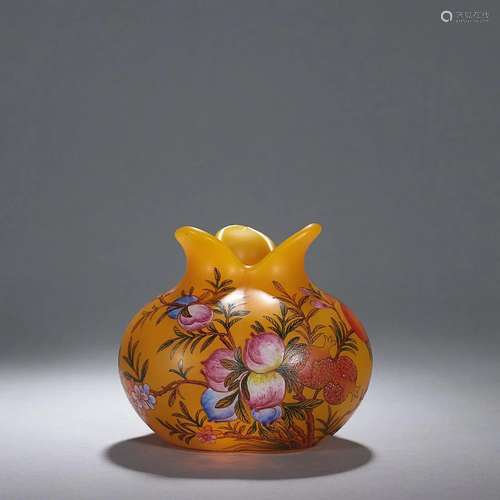 CHINESE PAINTED-ENAMEL YELLOW GLASS POMEGRANATE-FORM ZUN VAS...