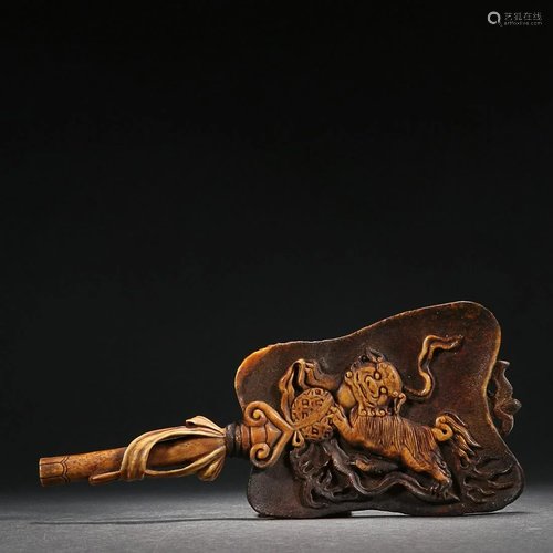 CHINESE RARE MATERIAL FAN WITH CARVED 'LION'